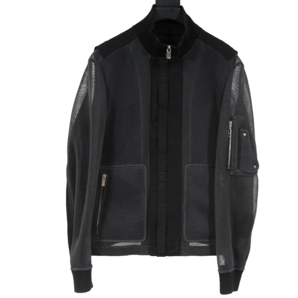Dior Mens Saddle Bomber Jacket Size 50 Black Grey Perorated Nylon Bondage Coat